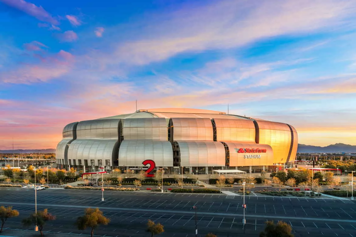 State Farm Stadium in Glendale at sunset, home of the Arizona Cardinals